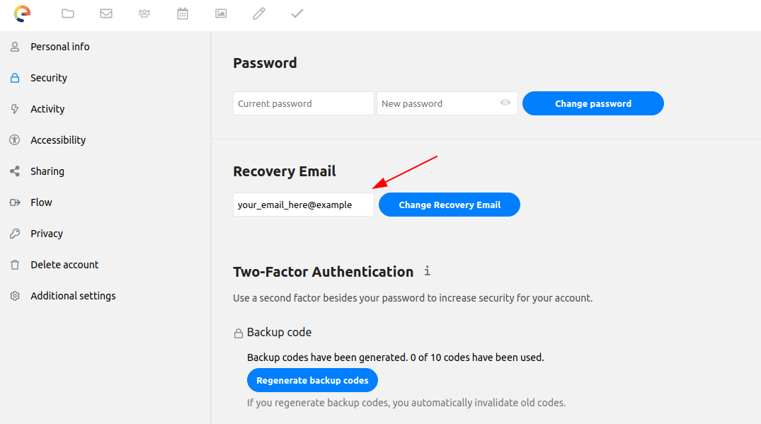 Security screen showing where is the recovery address input field