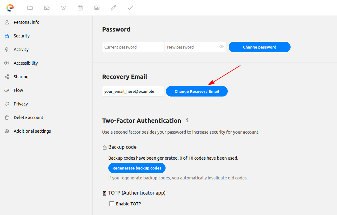 Security screen showing the button to change the recovery address