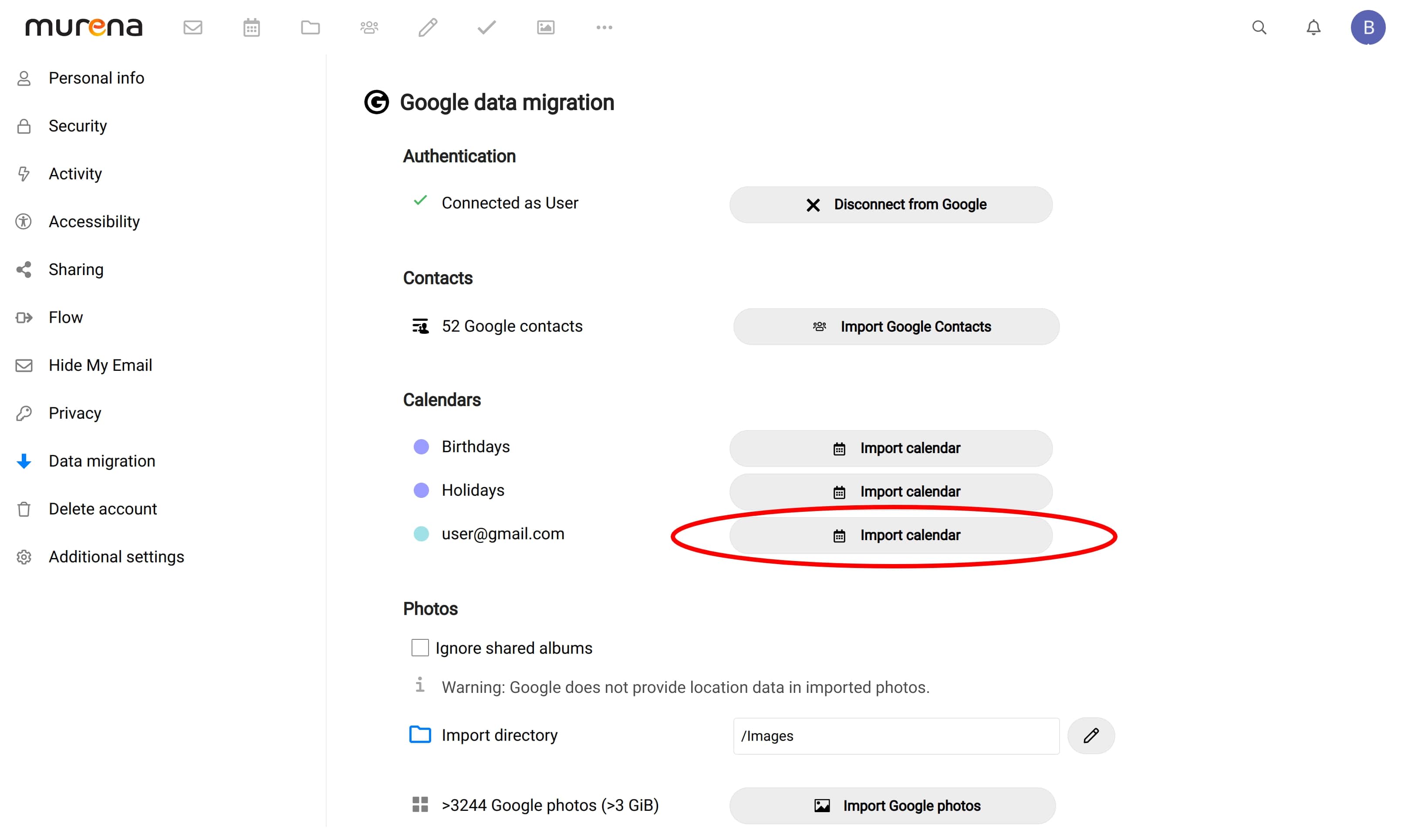 Screen showing Import calendar button