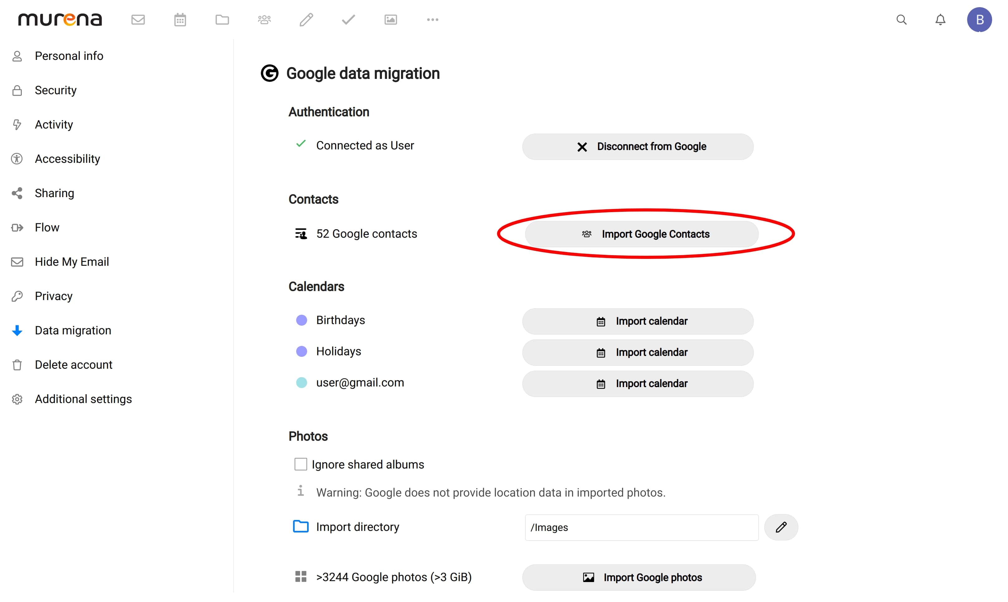 Screen showing Import Google Contacts button