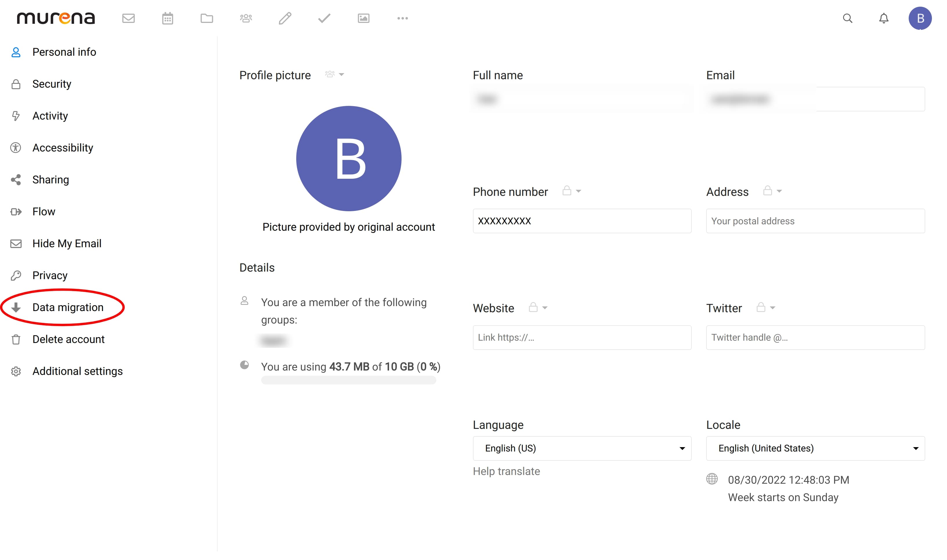 Screen showing how to navigate to data migration settings