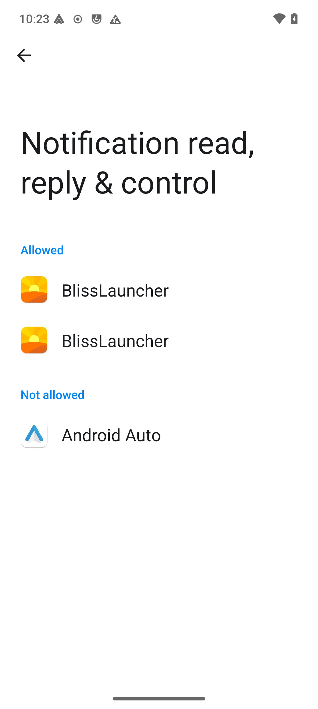 Page des paramètres d’accès aux notifications, avec Android Auto listé sous «Not allowed»