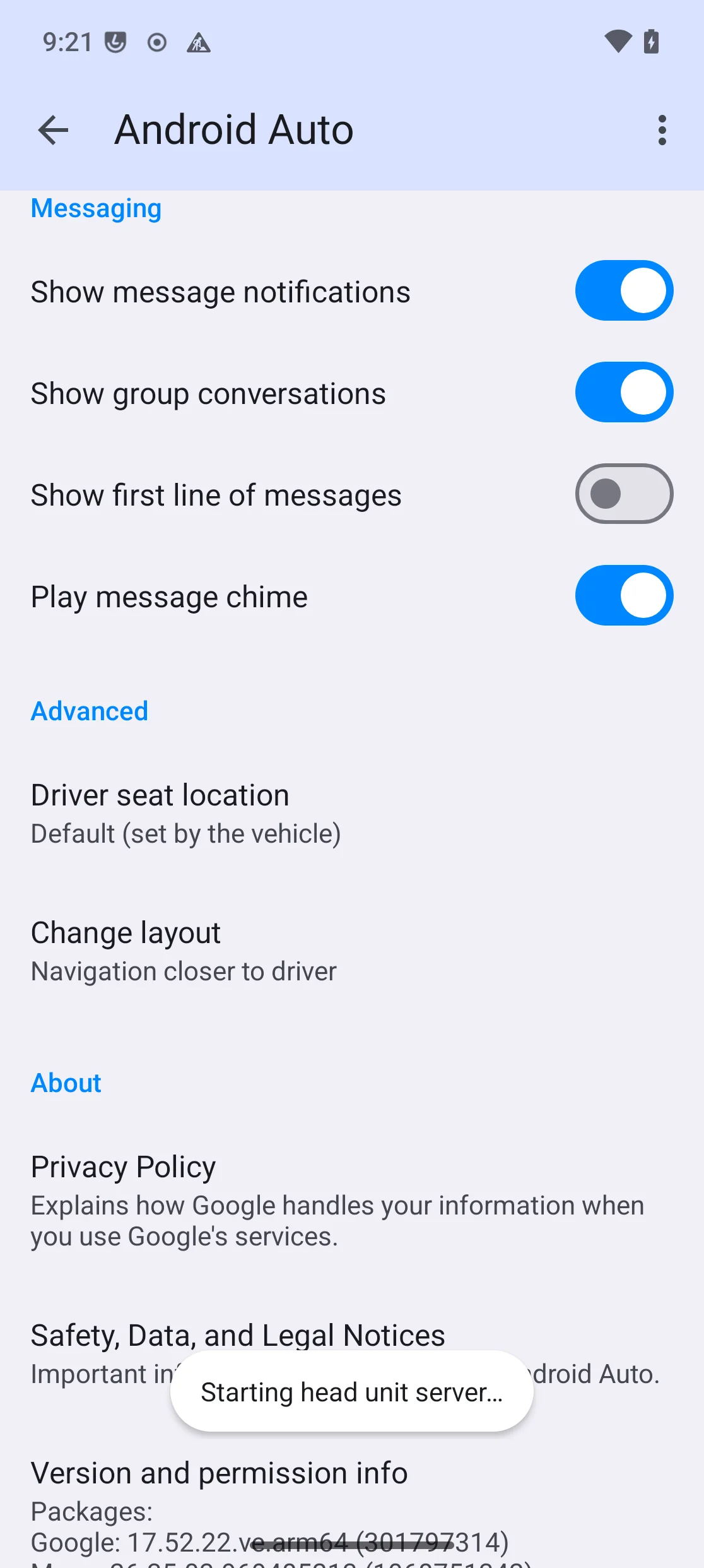 Notification toast : «Starting head unit server…»