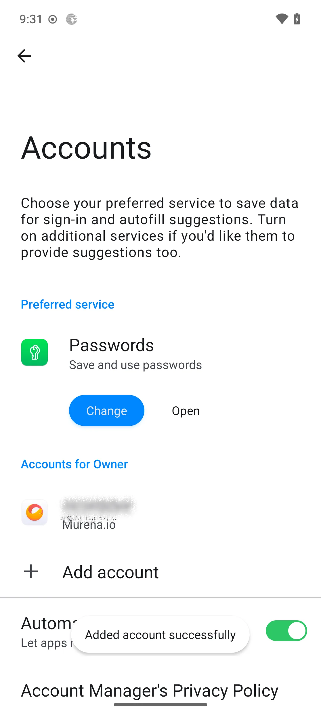 Murena account added to the device