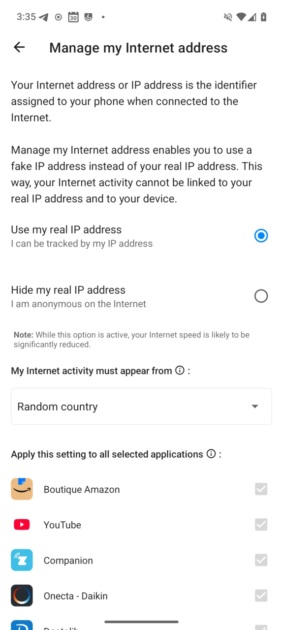 Manage my internet address screen