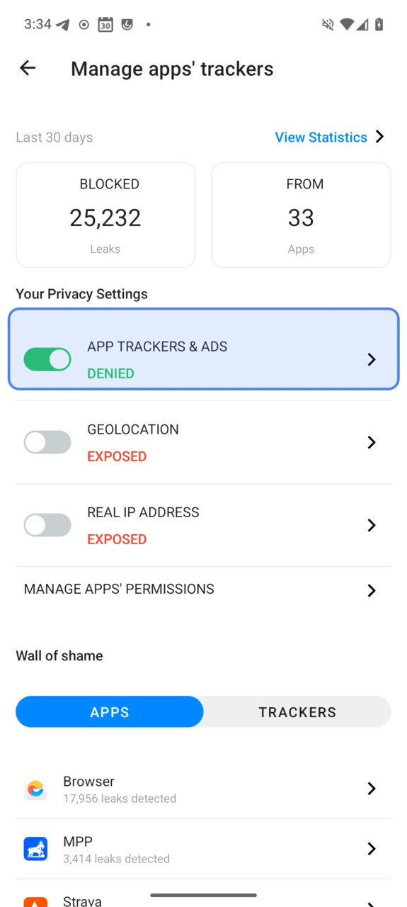 App trackers & ads entry on the Advanced Privacy dashboard