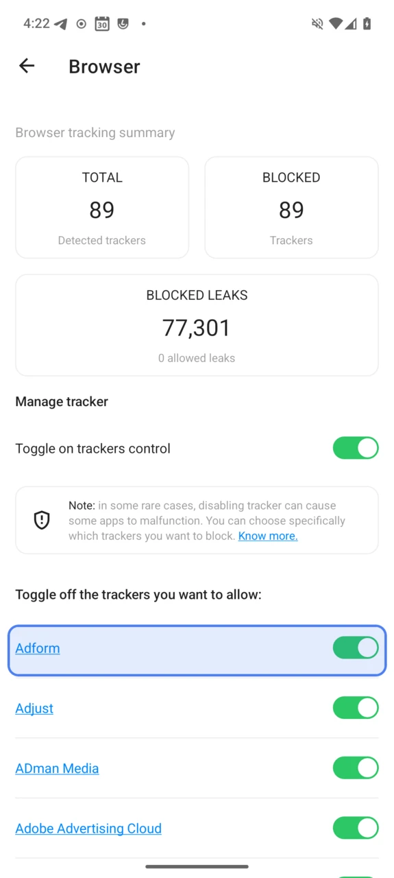 Per-tracker toggles for one application