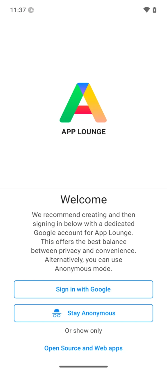 App Lounge welcome screen with sign-in choices