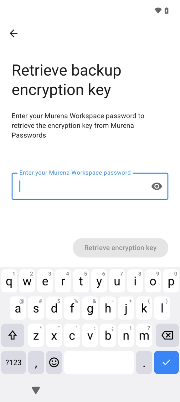 Retrieve backup encryption key screen with a password field