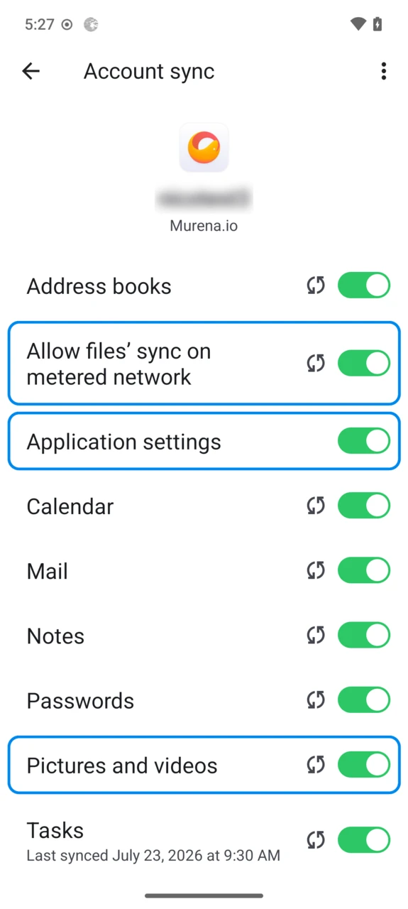 The Account sync screen, highlighting the Allow files' sync on metered network, Application settings and Pictures and videos toggles