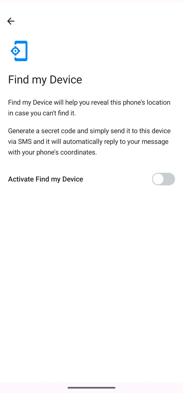 The Find my Device welcome screen with the activation toggle
