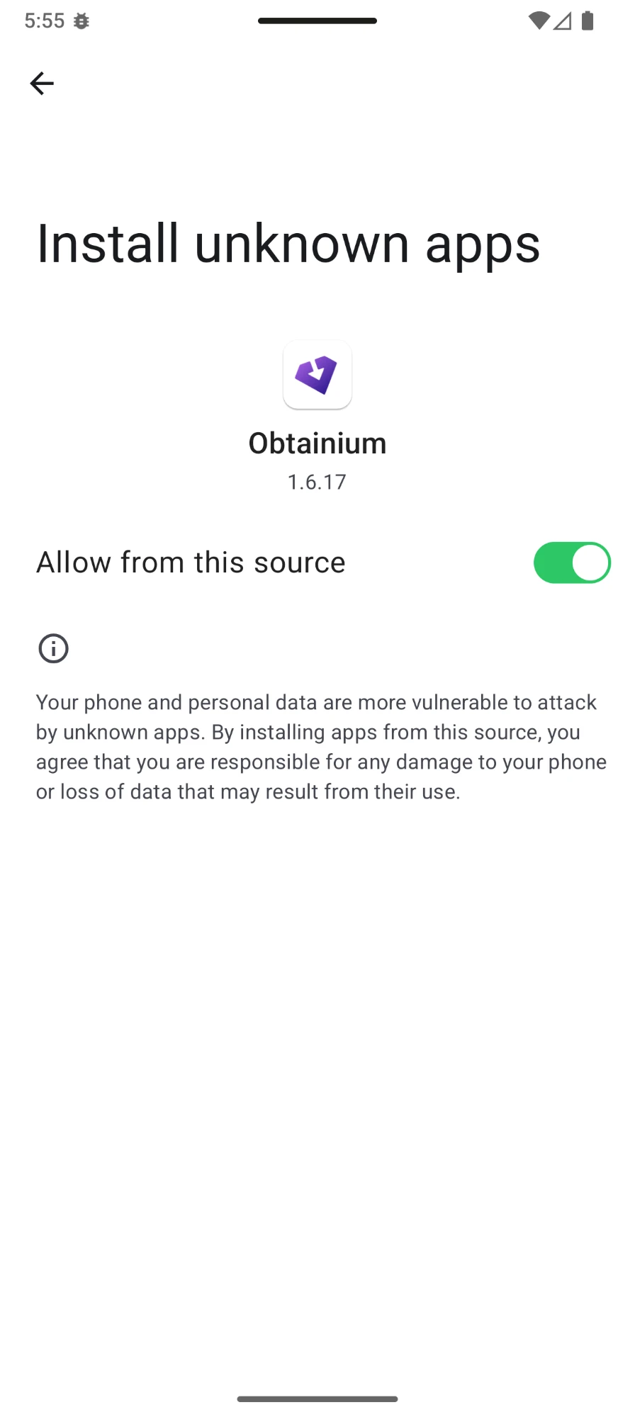 Android install from Obtainium enabled