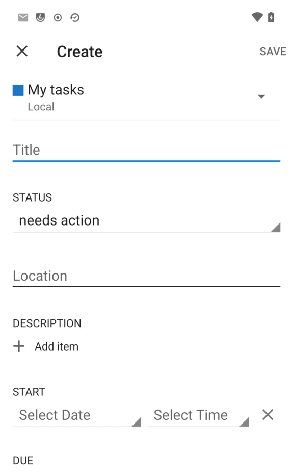 New task form: title, status, and My tasks (Local) as the target list