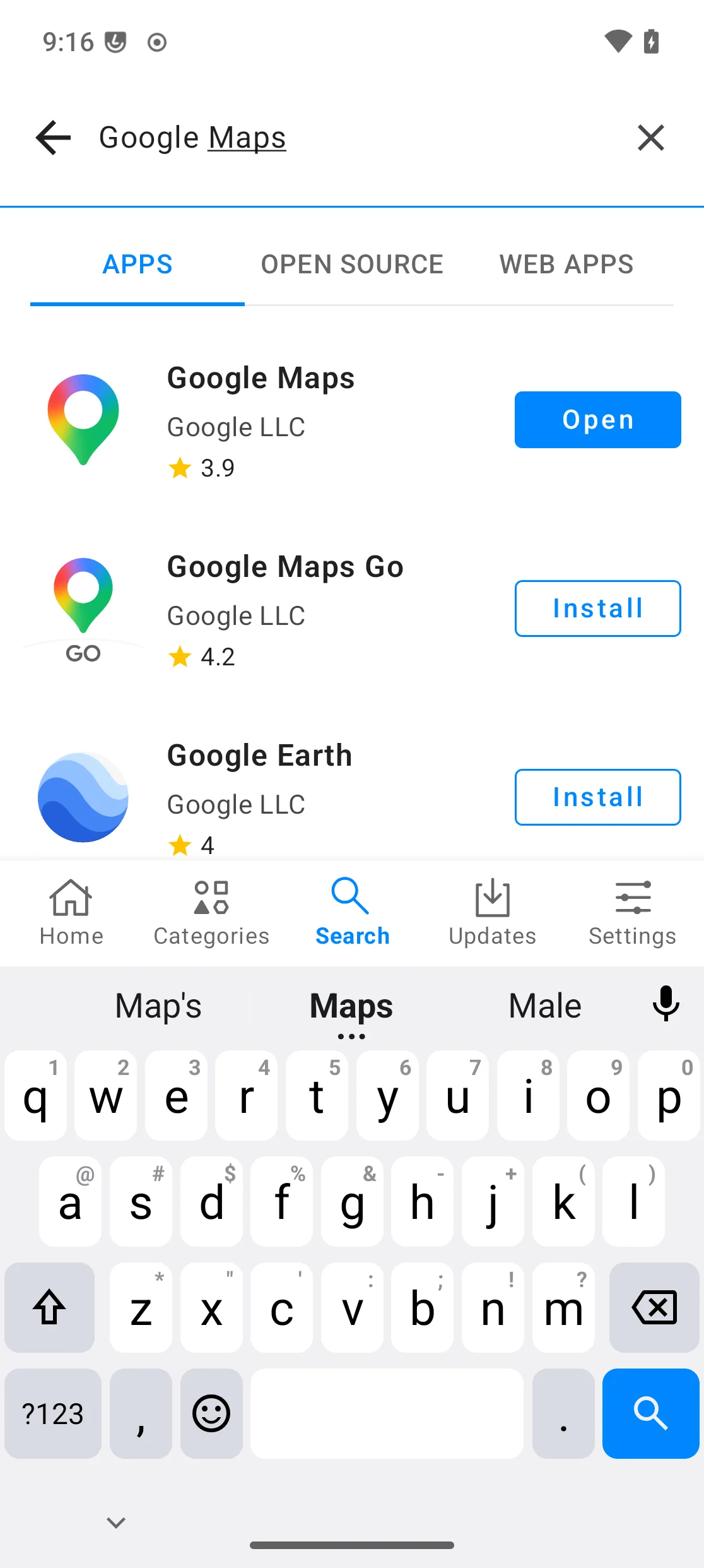 App Lounge montrant Google Maps installé, avec un bouton Ouvrir