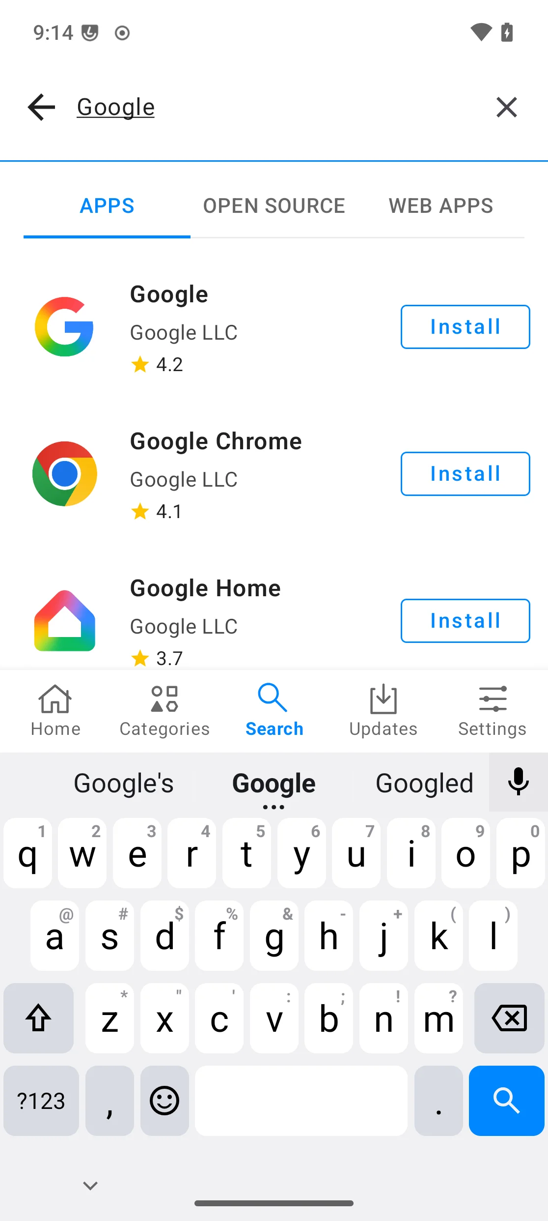 Résultats de recherche dans App Lounge pour “Google”, affichant l’application Google avec un bouton Installer