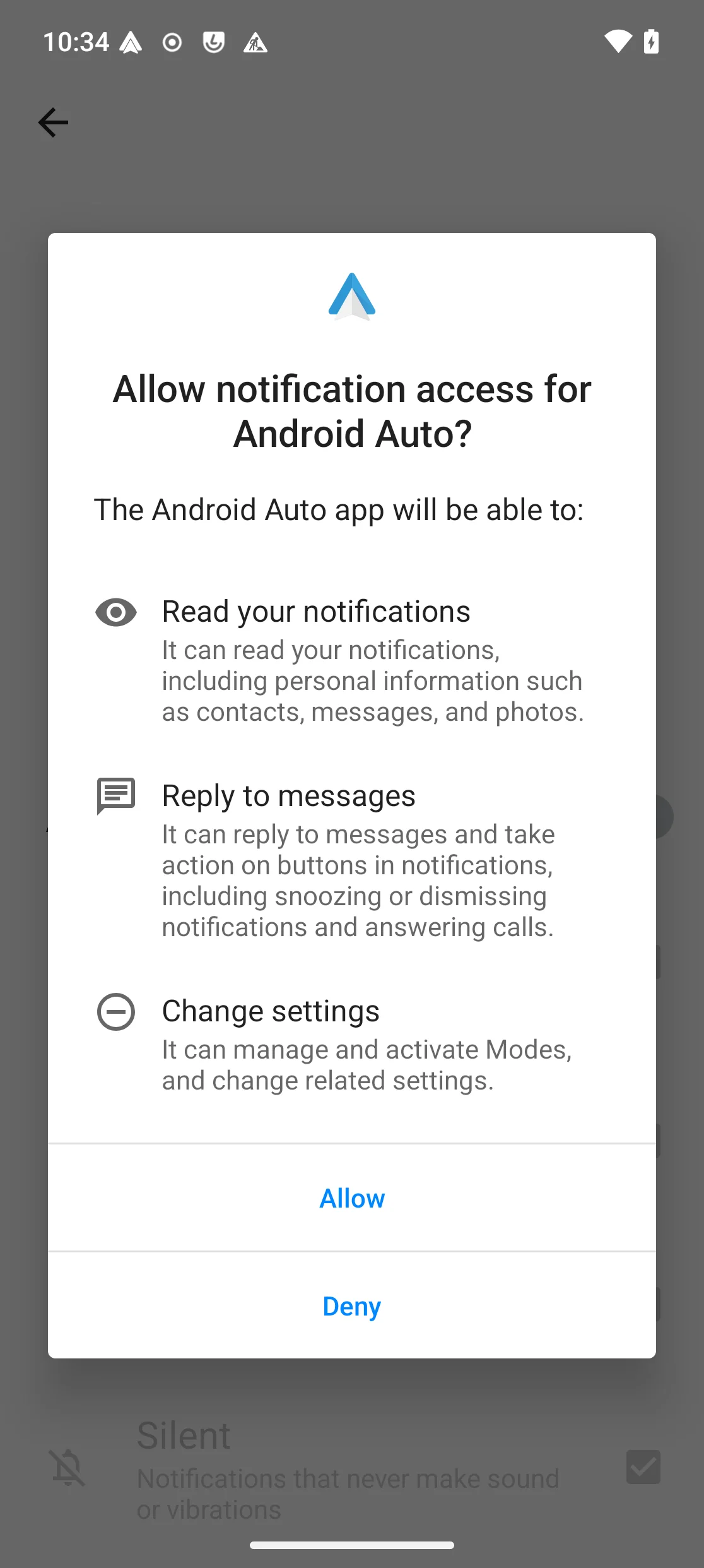 Boîte de dialogue de confirmation : “Allow notification access for Android Auto?” listant ce que l’application pourra faire
