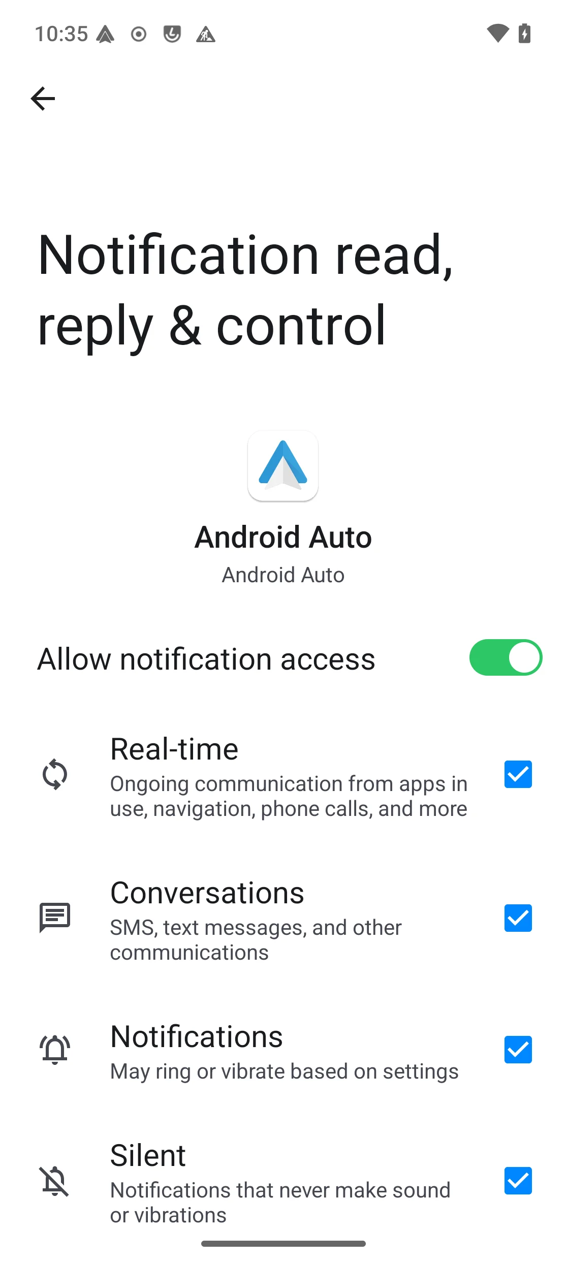 Page d’accès aux notifications montrant le commutateur activé pour Android Auto