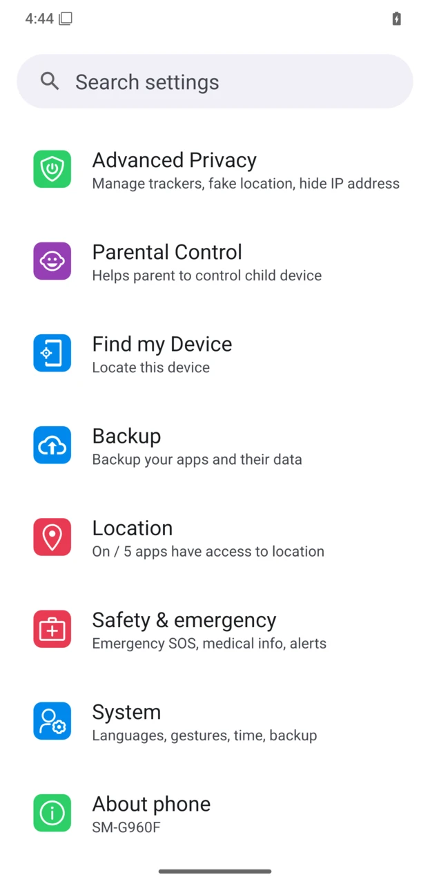 System entry in Settings