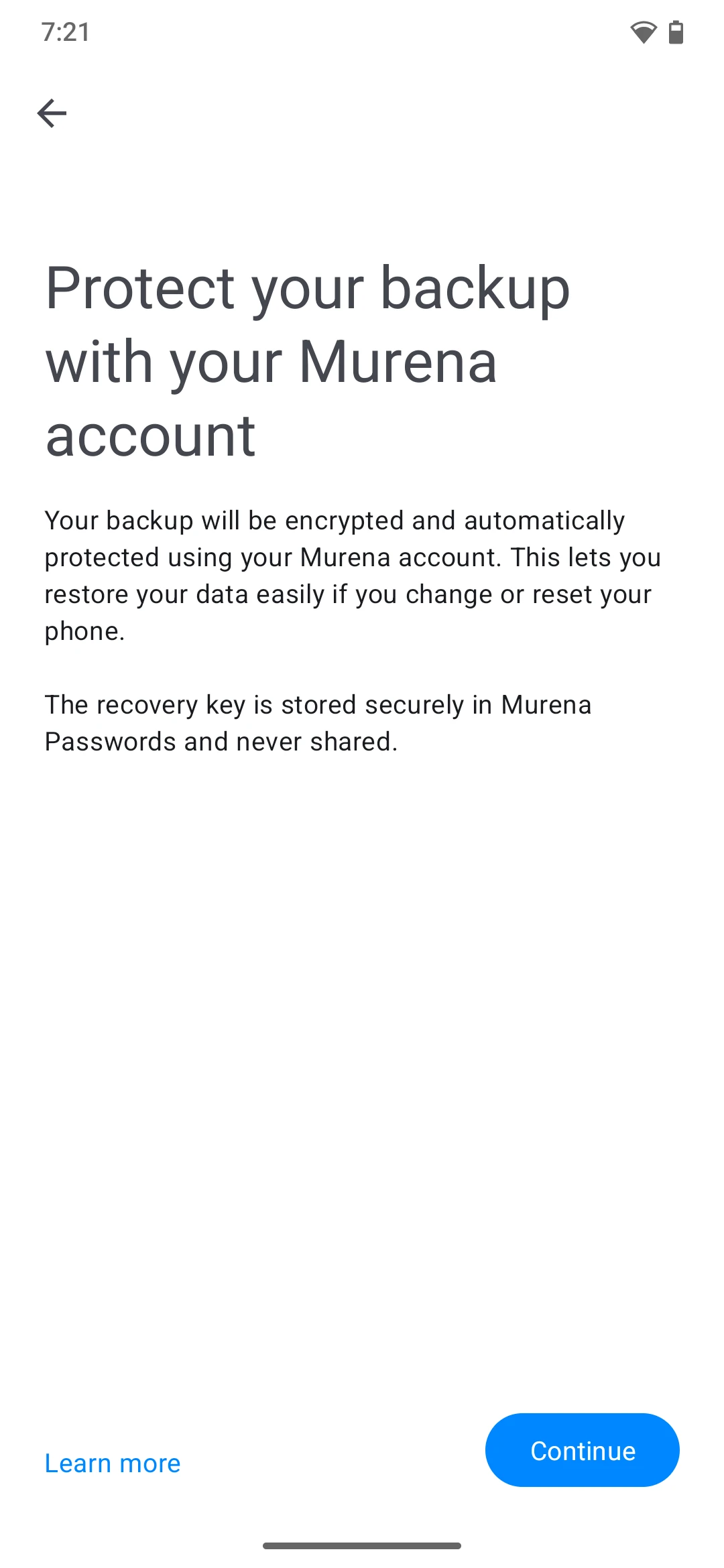 Backup setup screen with continue button