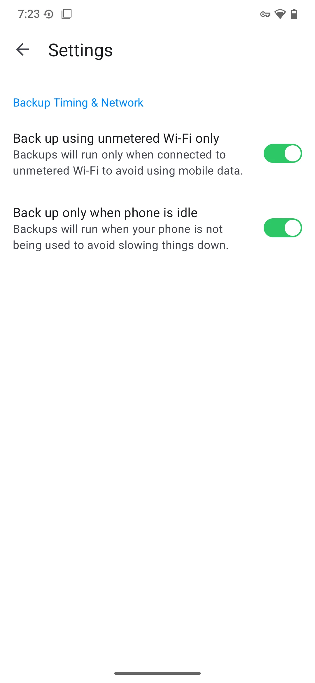 Default backup settings selection screen