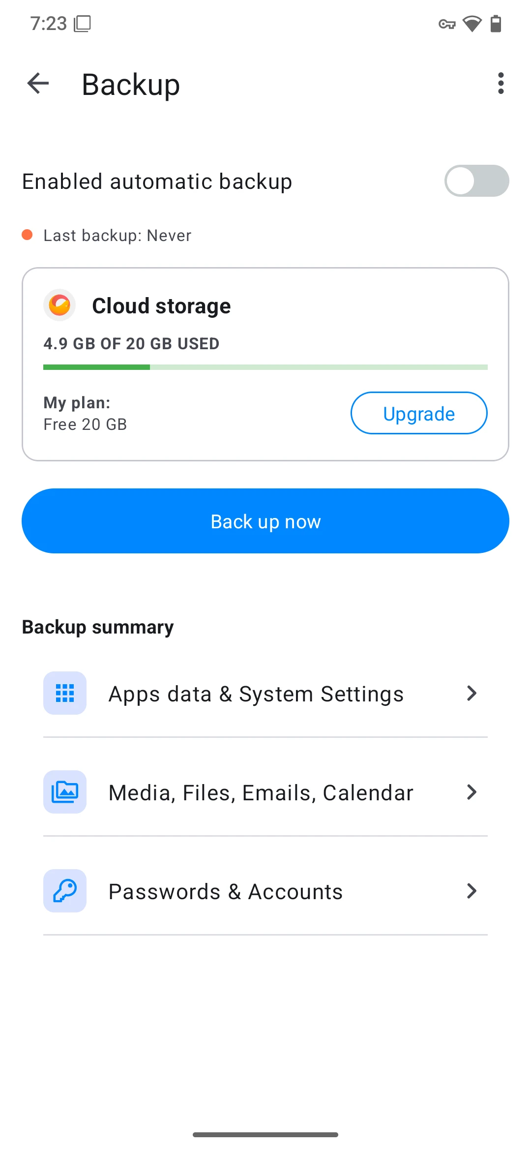 Settings screen where Back up now can be started