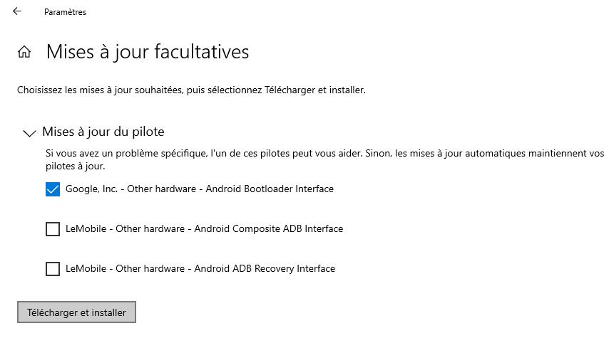 Screenshot of driver selection of 'Google, Inc. - Other hardware - Android Bootloader Interface'