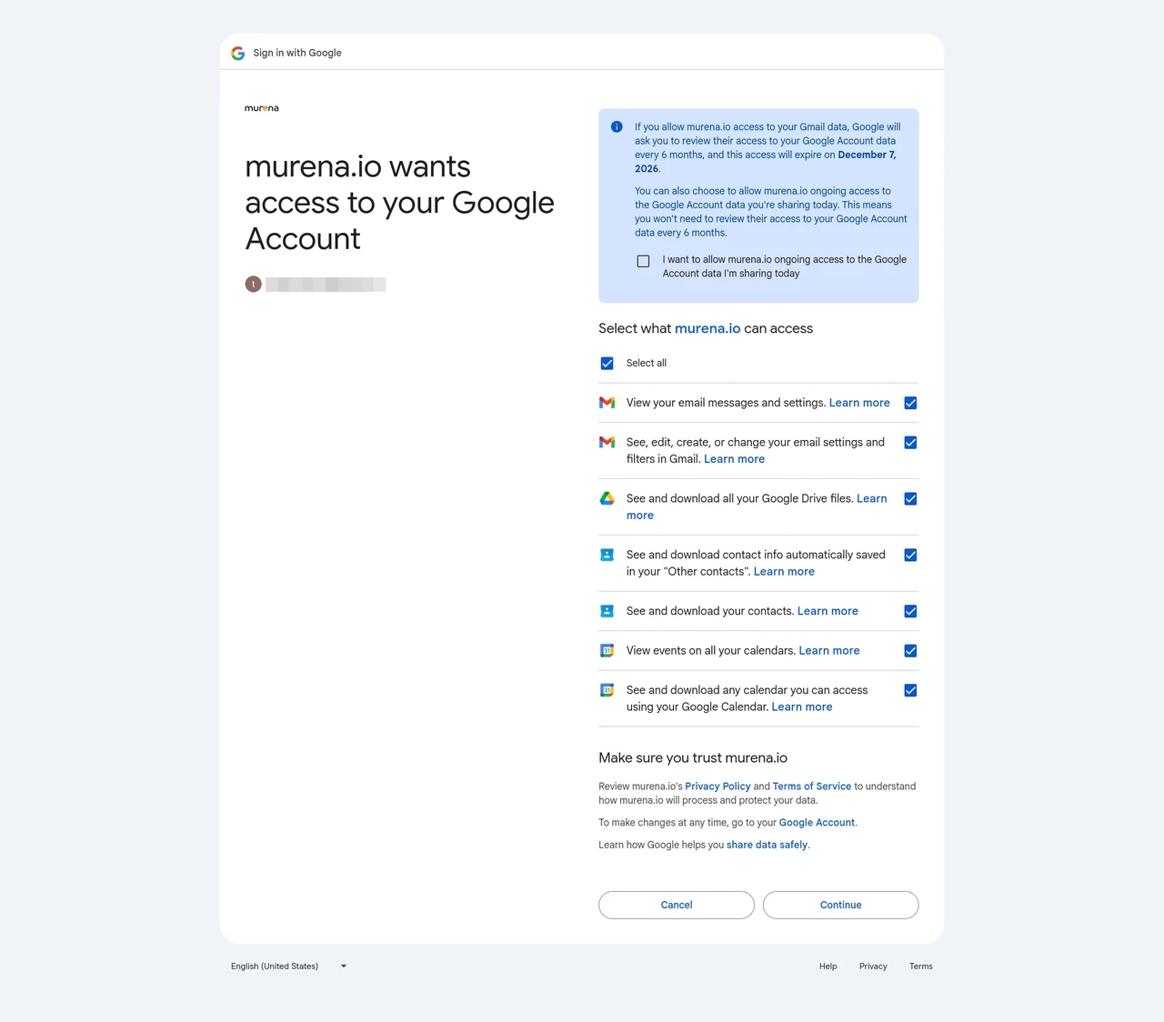Google consent scopes screen